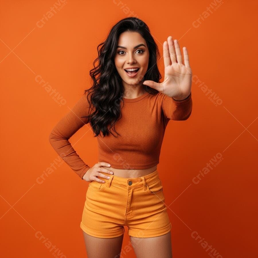 Mulher jovem latina sorrindo com gesto de pare em fundo laranja vibrante
