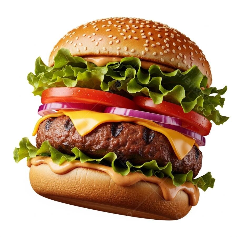 Hambúrguer fresco com queijo cheddar alface tomate e cebola roxa isolado