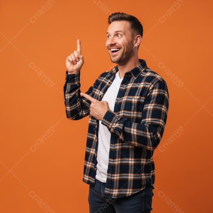 Homem caucasiano feliz com camisa xadrez azul apontando para cima em fundo laranja