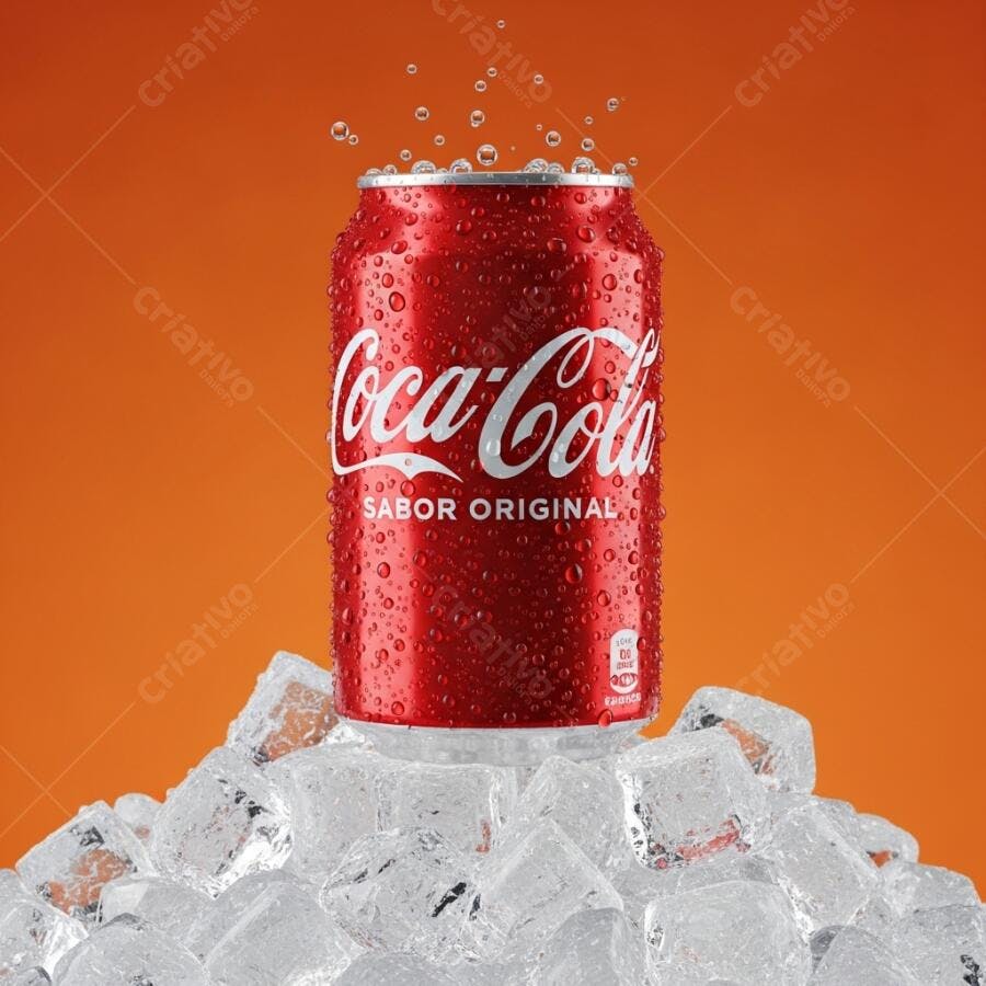 Lata de Coca-Cola vermelha gelada com gotas de água sobre cubos de gelo