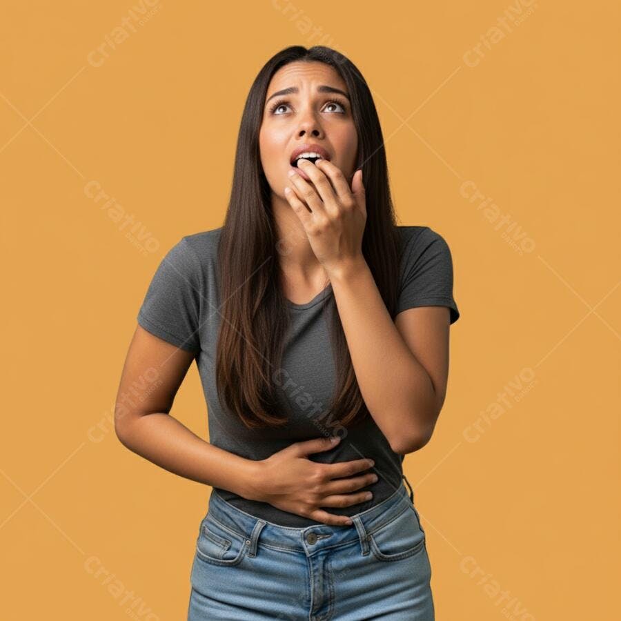 Mulher morena sentindo náusea com dores no estômago em fundo laranja