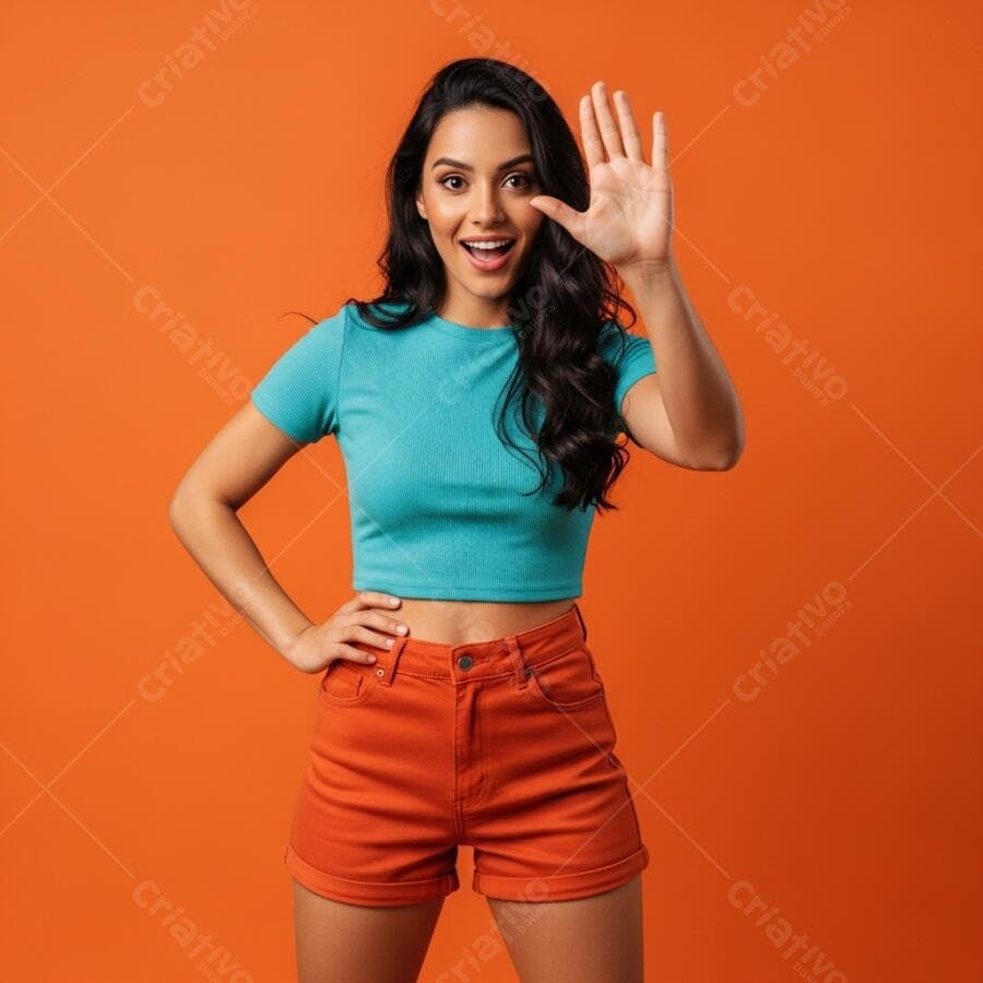 Mulher latina sorrindo e gesticulando alegremente em estúdio laranja
