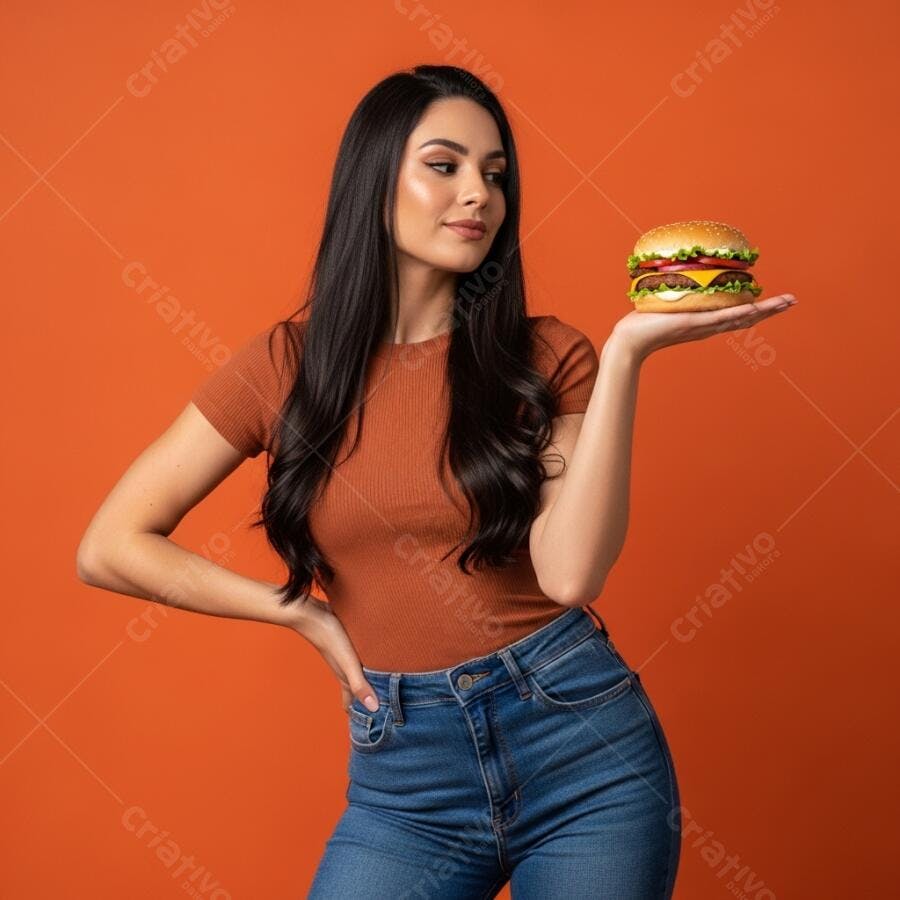 Mulher morena sorrindo com hambúrguer gourmet fresco em fundo laranja vibrante