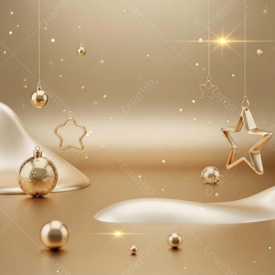 Enfeites de Natal dourados estrelas bolas em fundo festivo