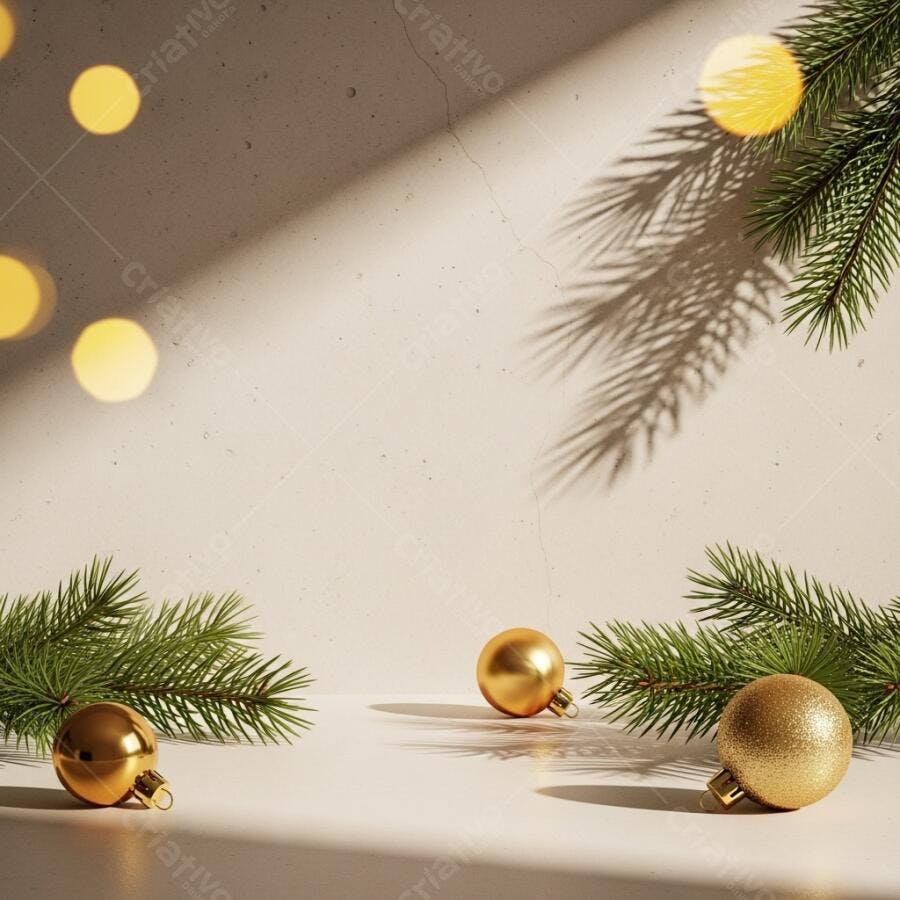 Bolas de Natal douradas e galhos de pinheiro em cenário festivo iluminado