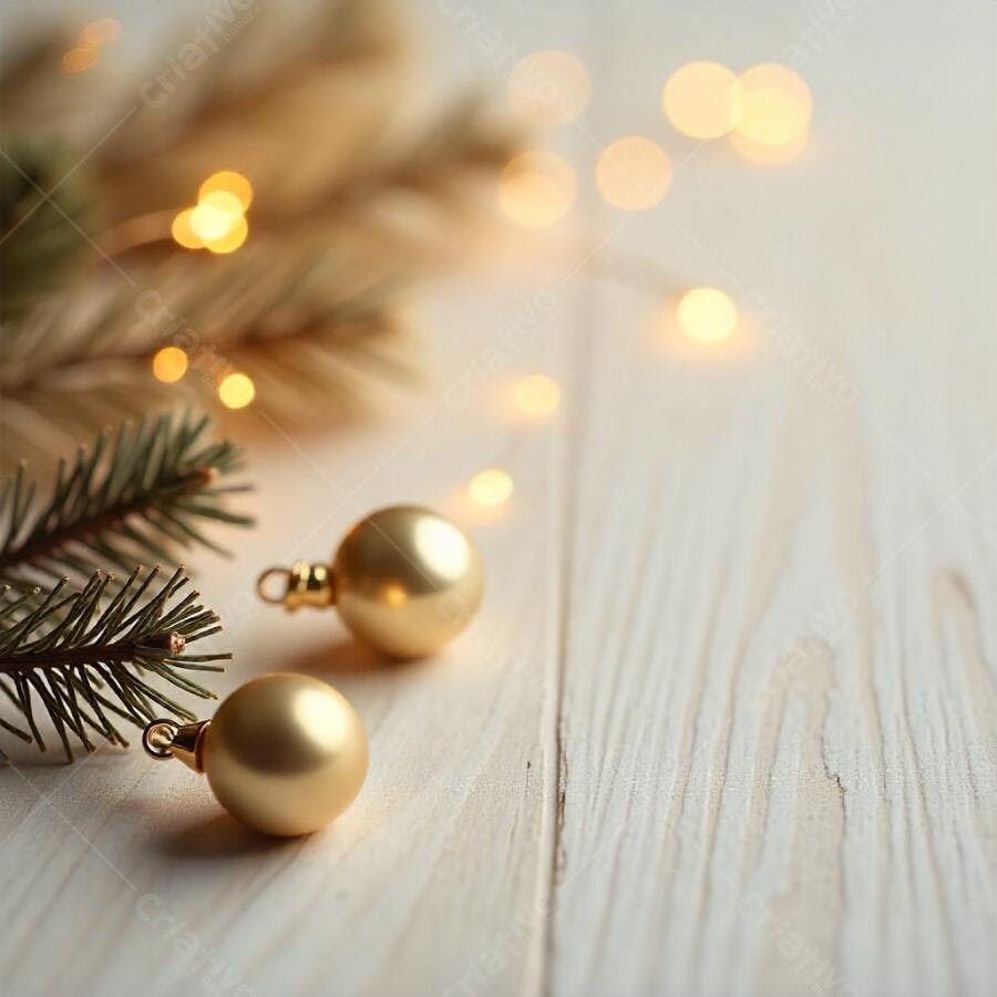 Bolas douradas de Natal e ramos de pinheiro em fundo festivo de madeira
