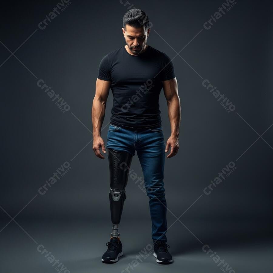 Homem latino musculoso com prótese de perna em estúdio escuro