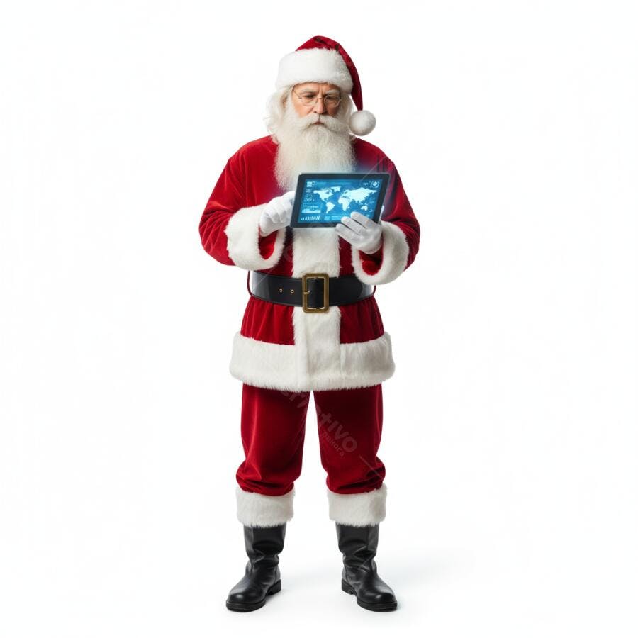 Papai Noel usando tablet com mapa mundial e dados em fundo branco