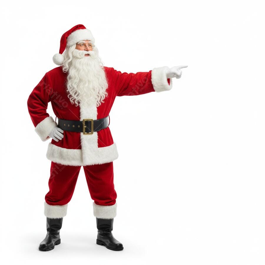 Papai Noel em pé roupa vermelha apontando para direita no Natal