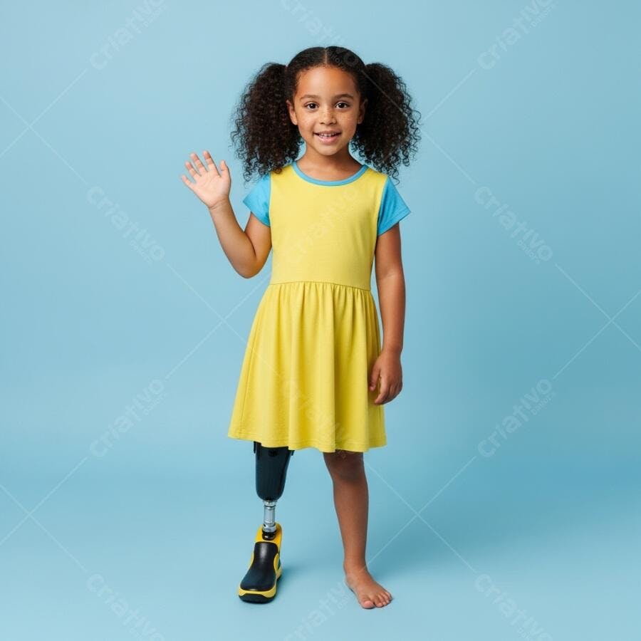 Menina parda com prótese acenando em vestido amarelo e camiseta azul