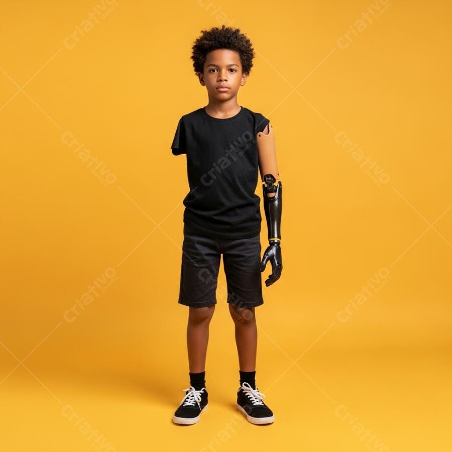 Menino negro com prótese de braço em estúdio amarelo