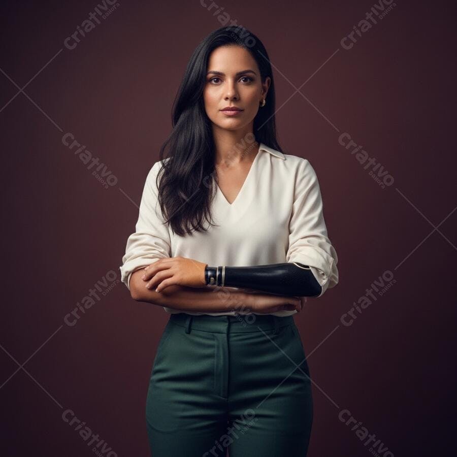 Mulher morena com braço protético em blusa creme e calça verde pose profissional