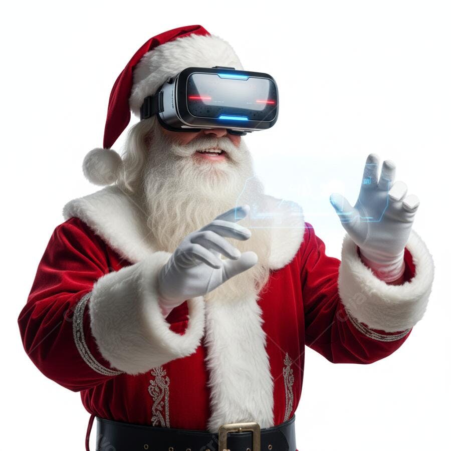 Papai Noel alegre com óculos VR interagindo com tecnologia futurista