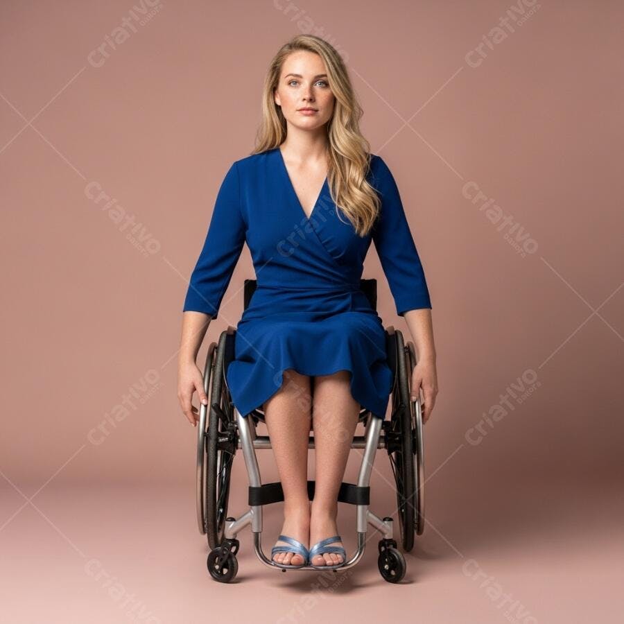 Mulher loira em vestido azul sentada em cadeira de rodas em estúdio