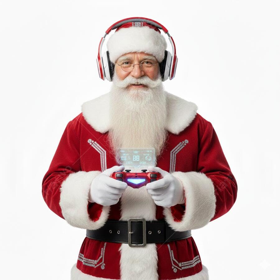 Papai Noel moderno gamer com fones de ouvido e controle holográfico