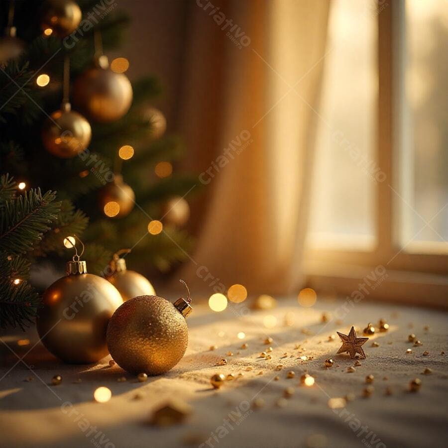 Enfeites dourados de Natal com luzes brilhantes e estrela festiva
