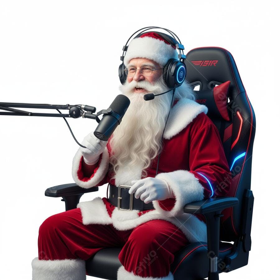Papai Noel podcaster com fone e microfone em cadeira gamer moderna