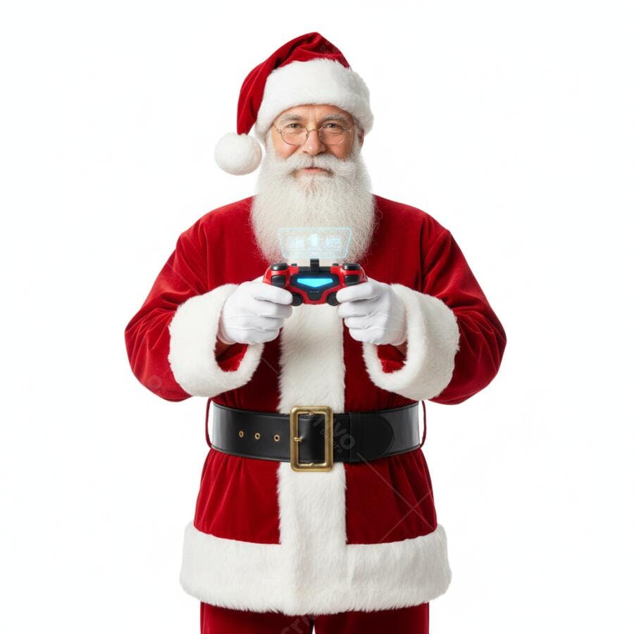 Papai Noel sorridente com joystick gamer holográfico em fundo branco