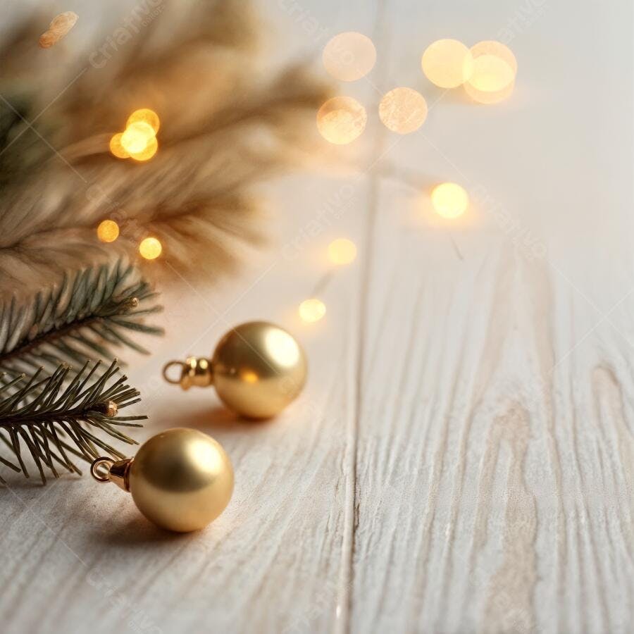 Enfeites de natal dourados com pinho e luzes cintilantes em madeira clara