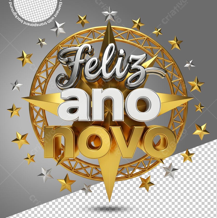 Título 3D Feliz Ano Novo Dourado Prata com Estrelas PNG com fundo transparente