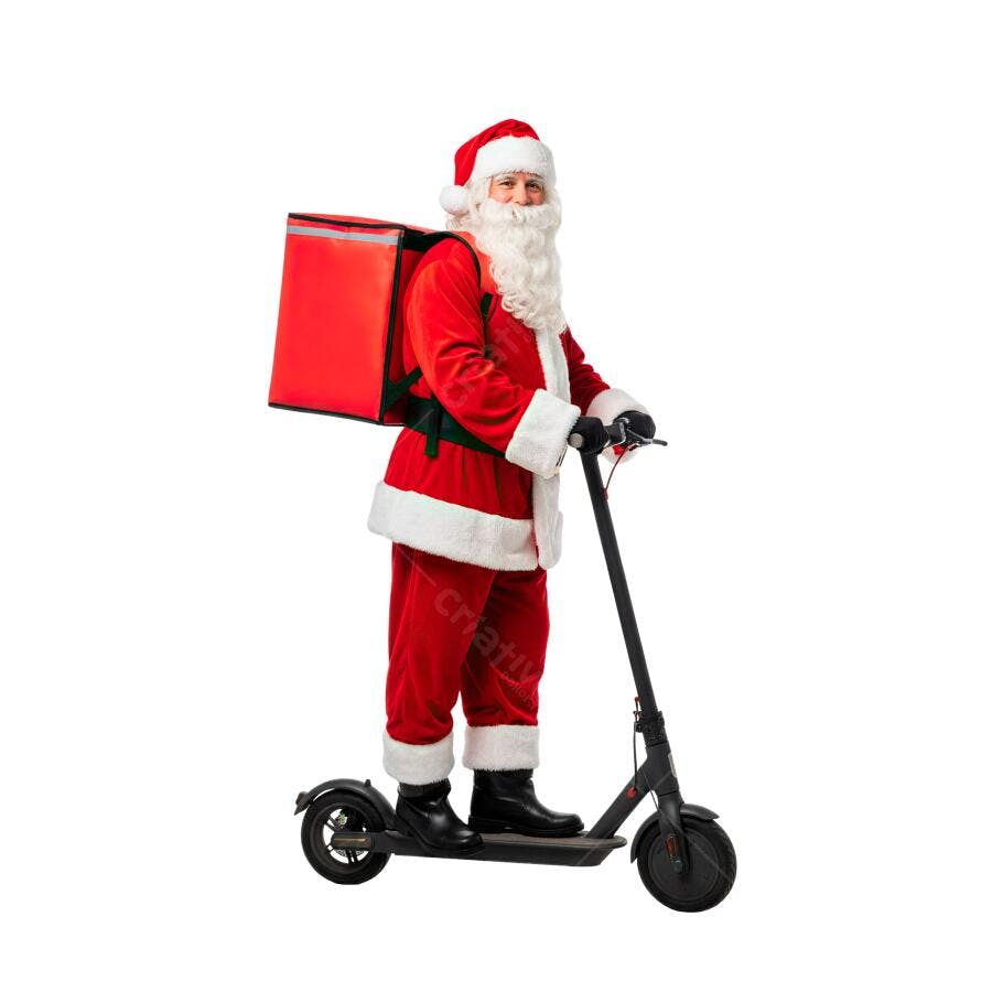 Imagem Papai Noel moderno entregador com scooter elétrica para Natal PNG com fundo transparente