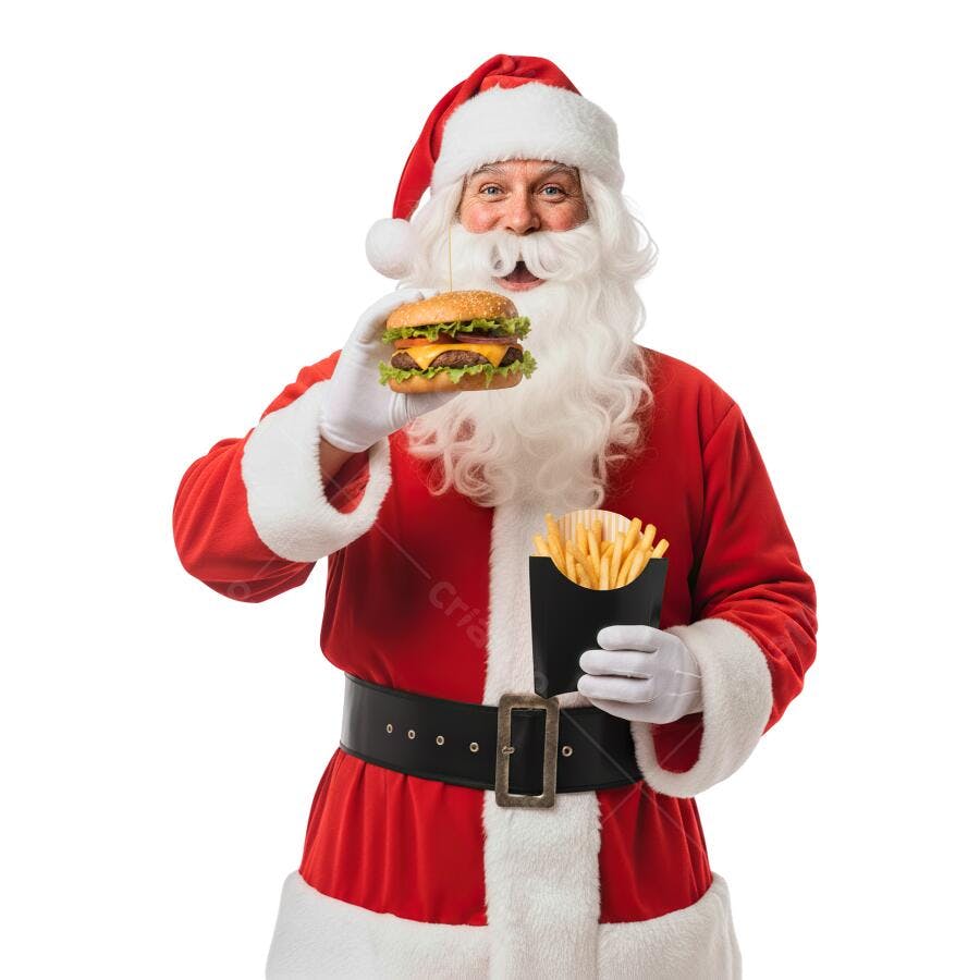Imagem Comercial Papai Noel com Hambúrguer Batata Frita Natal PNG com fundo transparente