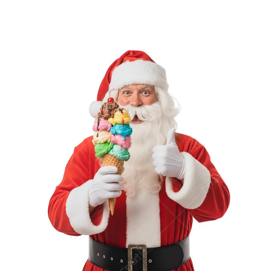 Personagem Papai Noel alegre sorvete gigante polegar cima PNG com fundo transparente