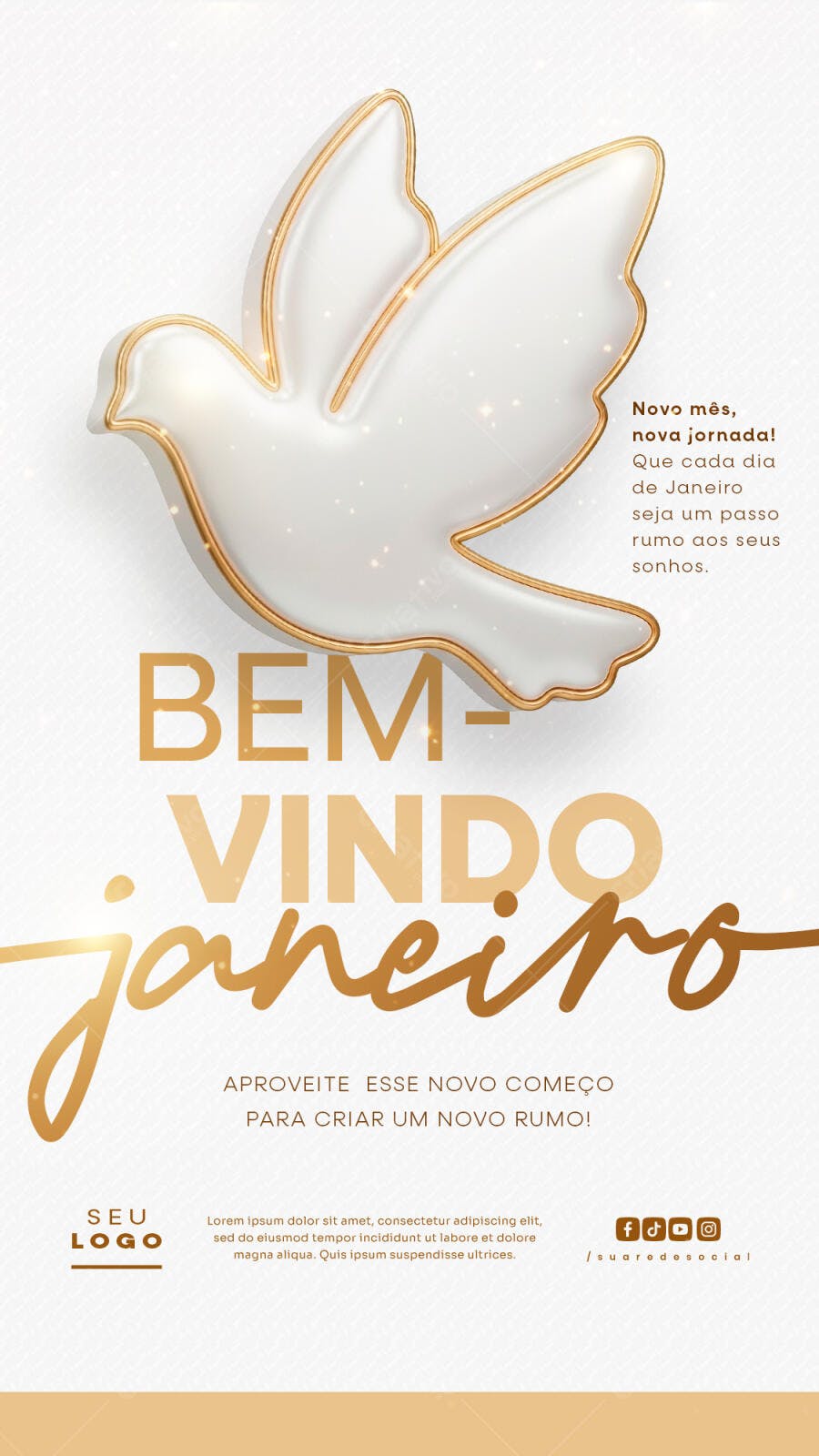Flyer Novo Começo Janeiro com Pomba Branca e Dourada PSD Editável