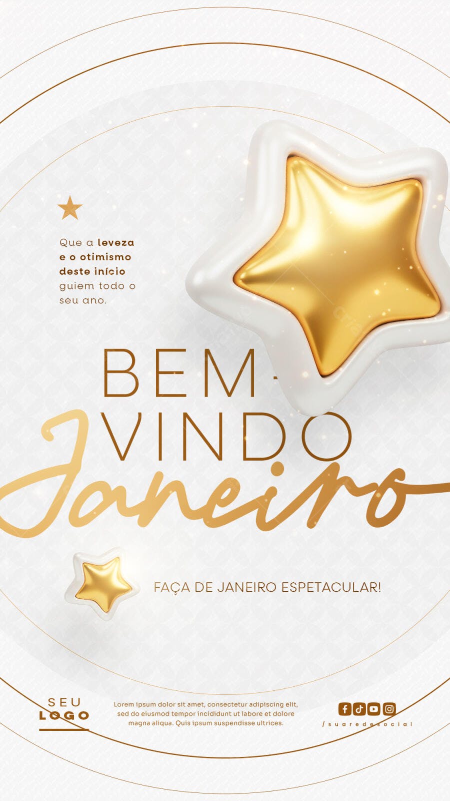 Post para Instagram Bem-vindo Janeiro com Estrelas Douradas PSD Editável