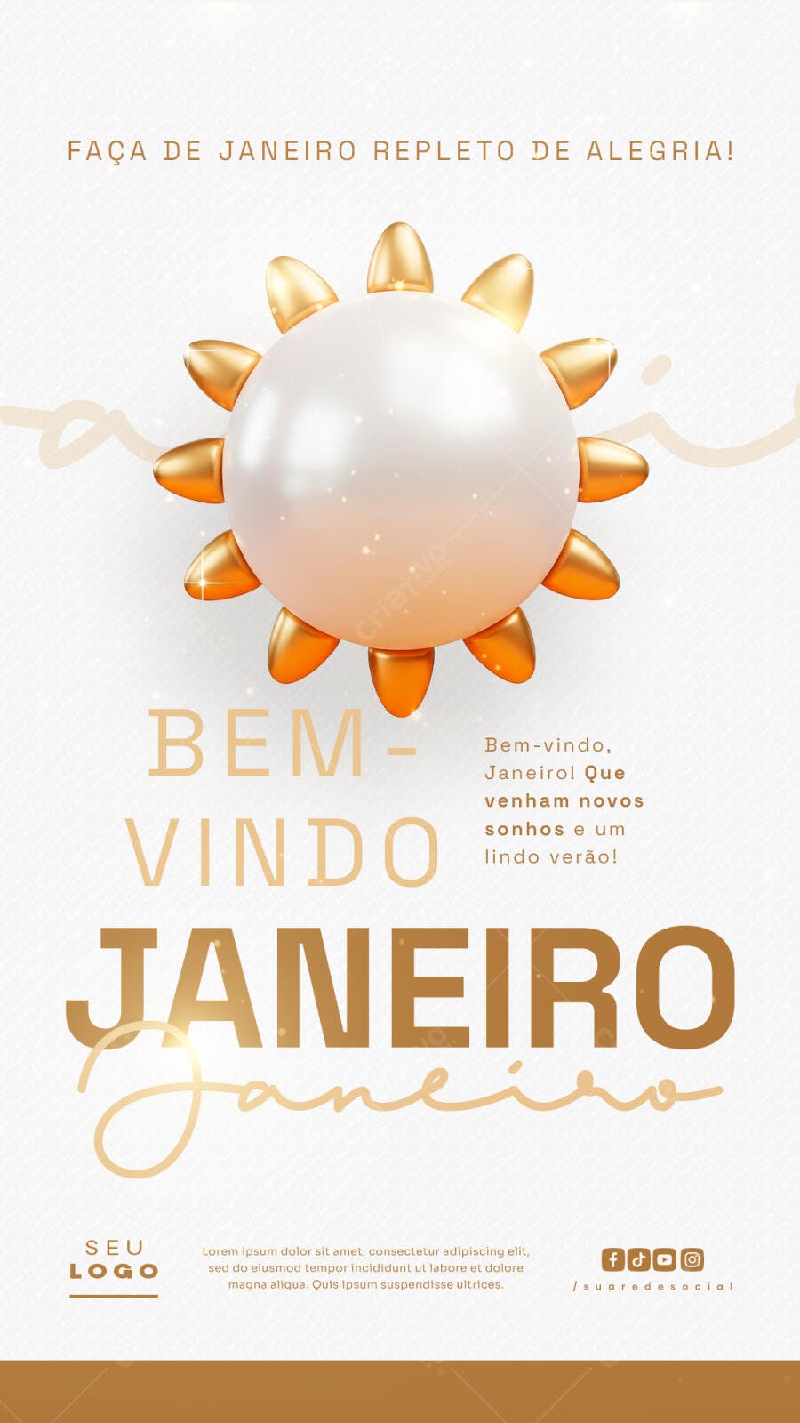 Flyer Boas-Vindas Janeiro Verão Sol Dourado PSD Editável