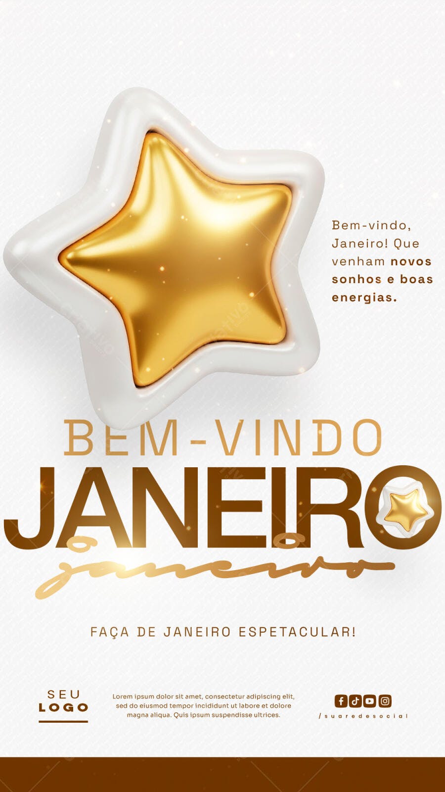 Post Redes Sociais para Boas-Vindas Janeiro com Estrela Dourada PSD Editável