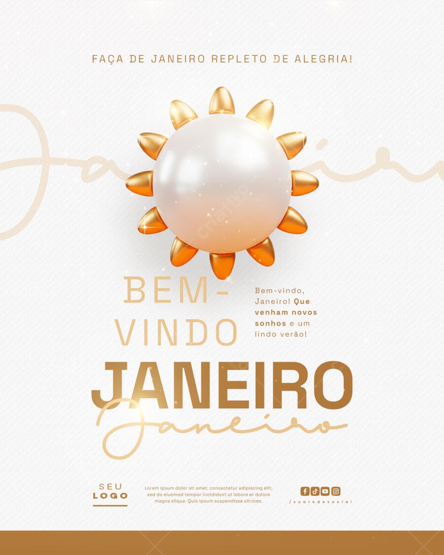 Flyer Bem-Vindo Janeiro com Sol Dourado e Alegria PSD Editável