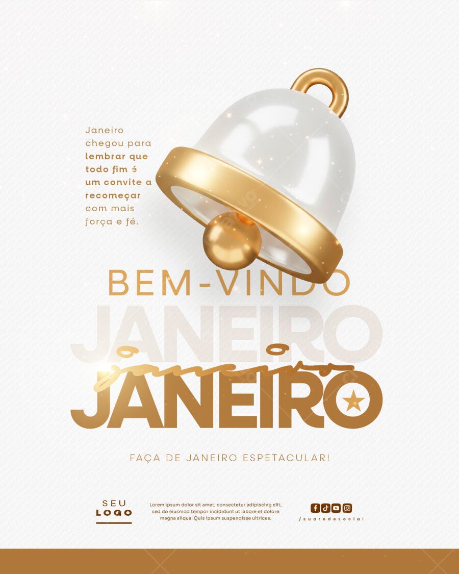 Flyer Bem-Vindo Janeiro Recomeço Força e Fé Sino Dourado PSD Editável