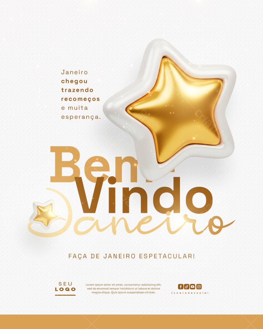 Flyer Bem Vindo Janeiro Estrelas Douradas PSD Editável