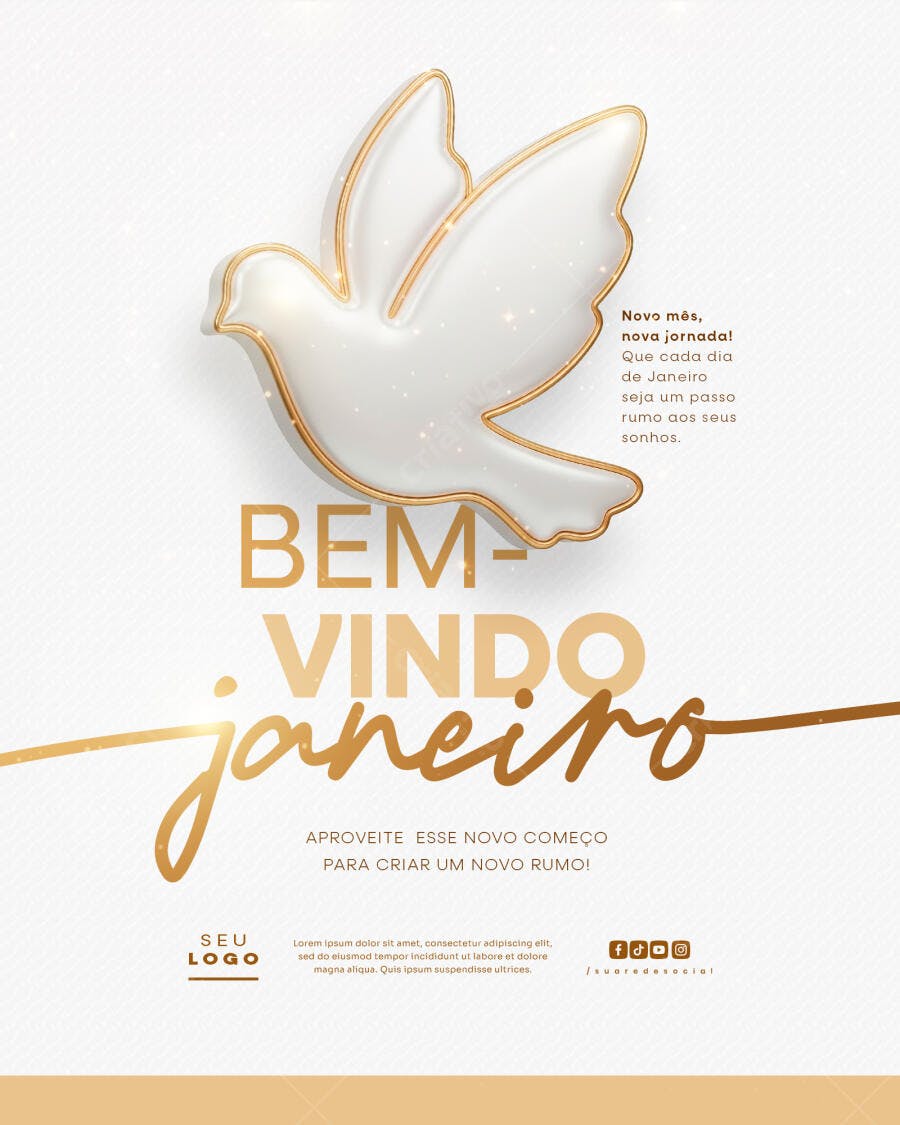 Flyer Boas Vindas Janeiro Pomba Dourada PSD Editável