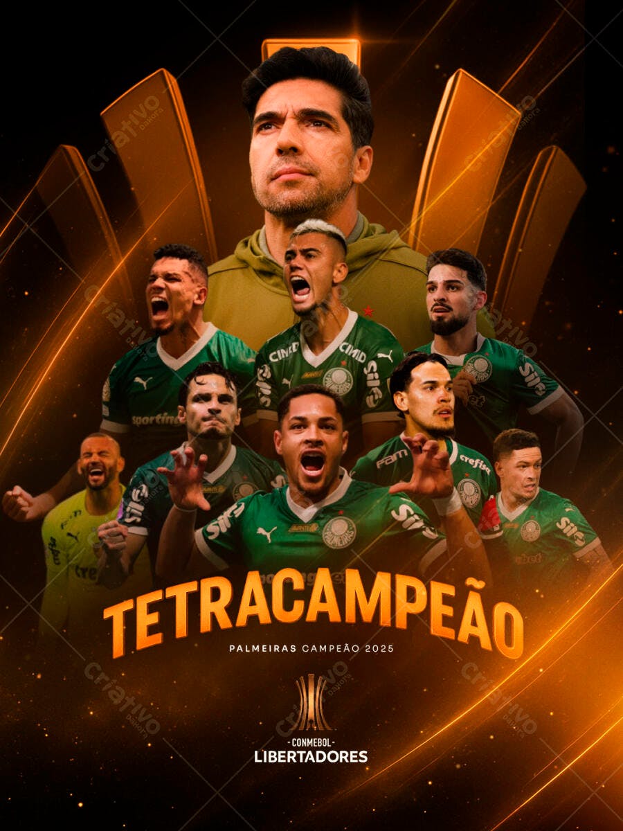 Flyer Futebol Celebração Palmeiras Tetracampeão 2025 PSD Editável