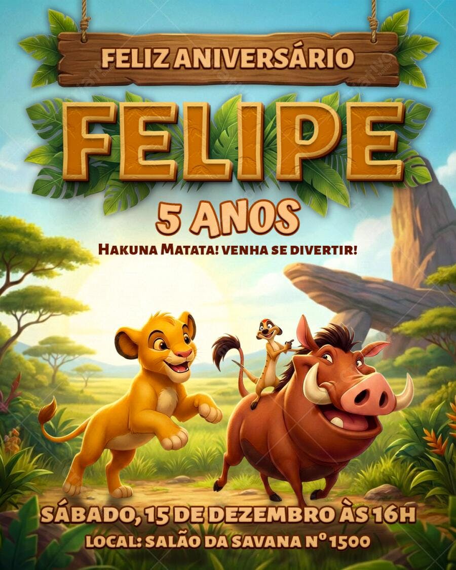 Convite Aniversário Felipe 5 Anos Hakuna Matata PSD Editável