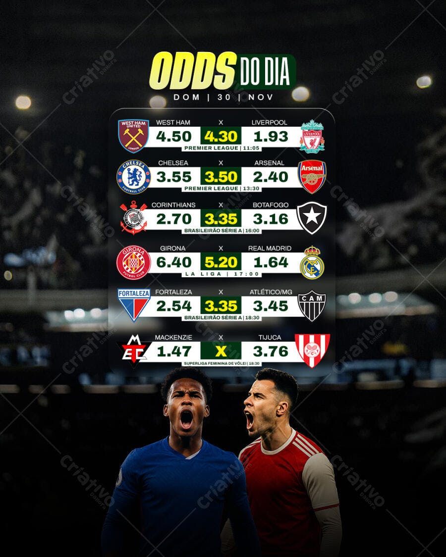 Post para Redes Sociais Odds do Dia Futebol Vôlei PSD Editável