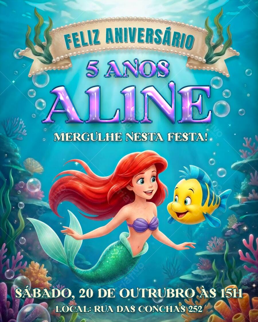 Flyer Aniversário Sereia Ariel 5 Anos Aline PSD Editável