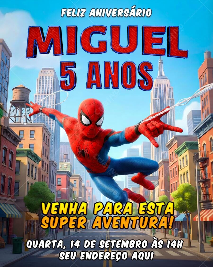Convite Aniversário Homem-Aranha 5 Anos Miguel PSD Editável