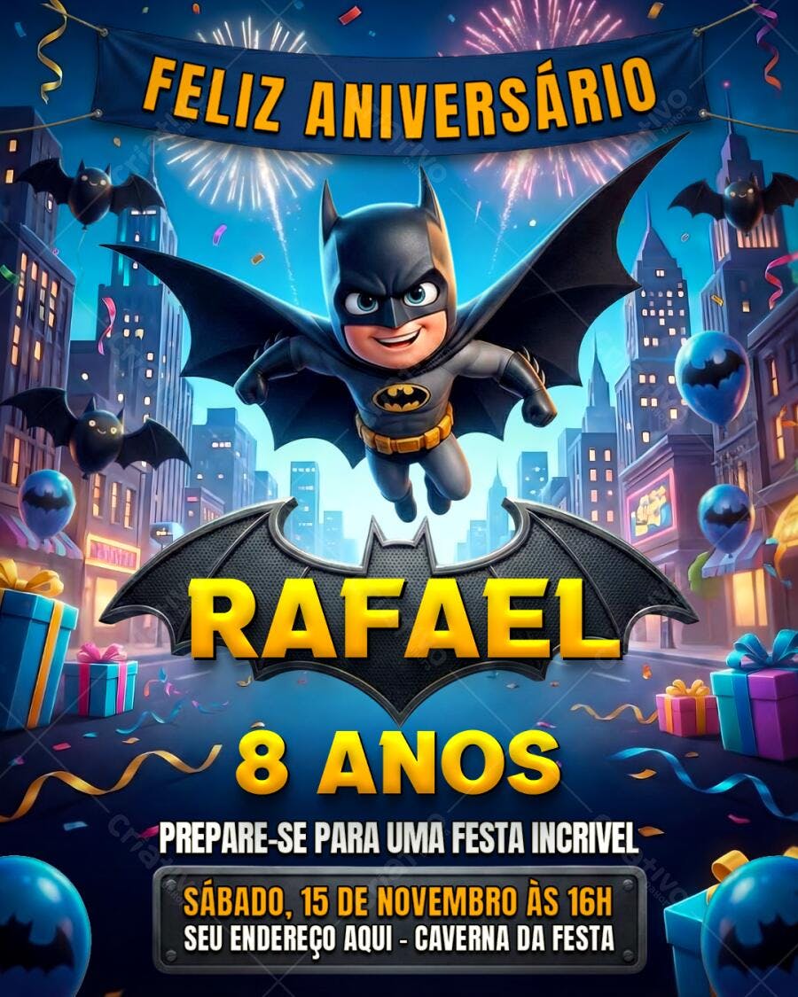 Flyer Convite de Aniversário para Festa Infantil Batman Rafael 8 Anos PSD Editável