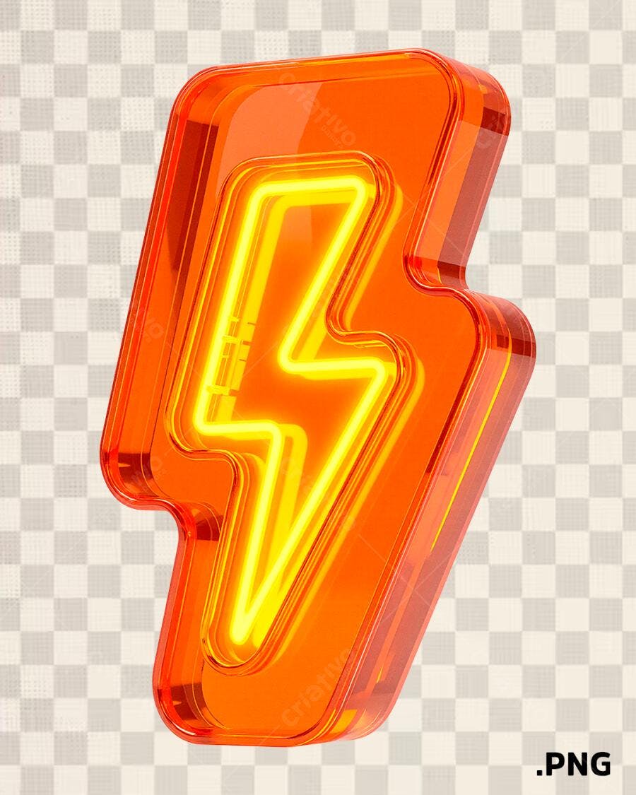 Símbolo Raio Energia Laranja Neon 3D PNG com fundo transparente