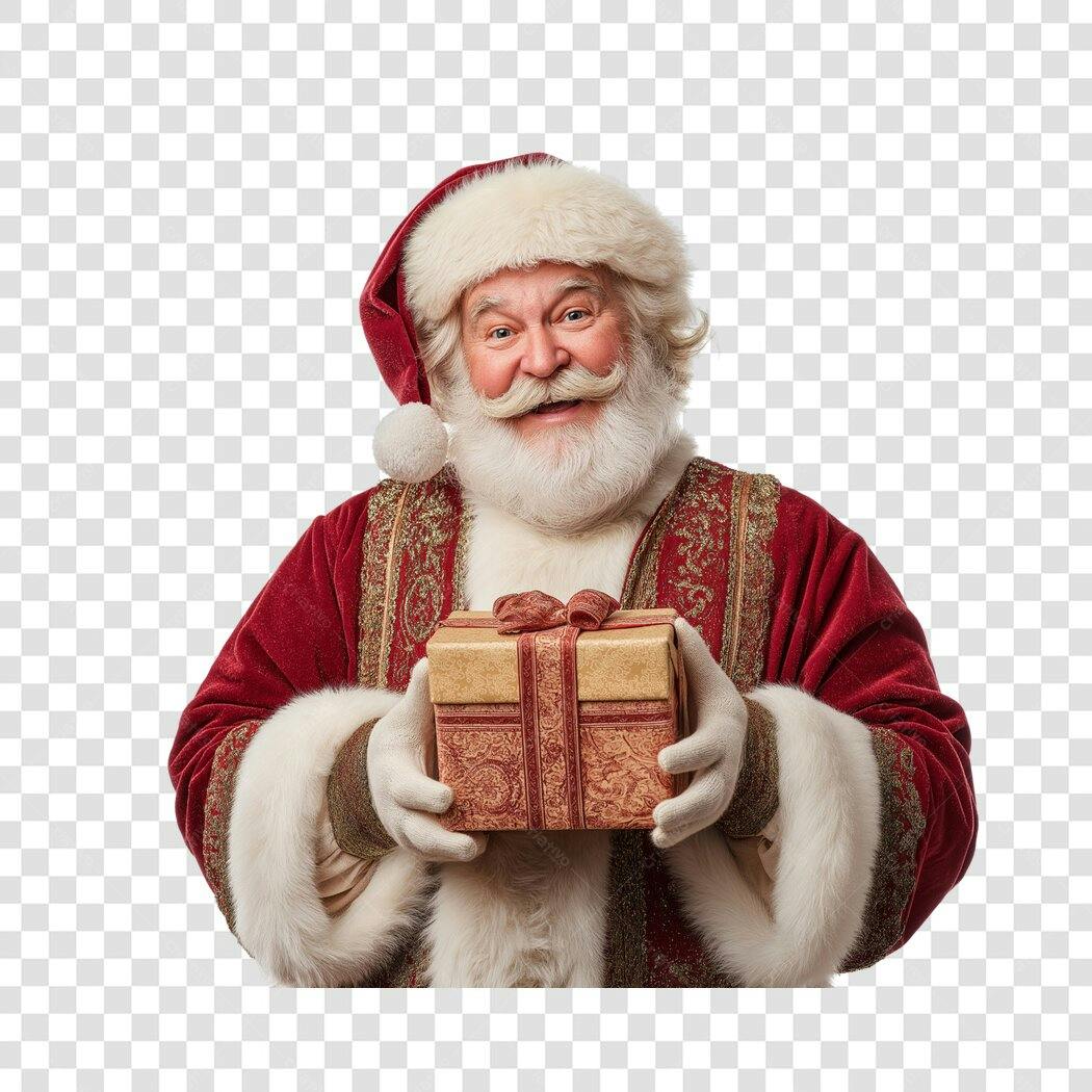 Imagem PNG Papai Noel Natal Presente Vermelho e Dourado Fundo Transparente