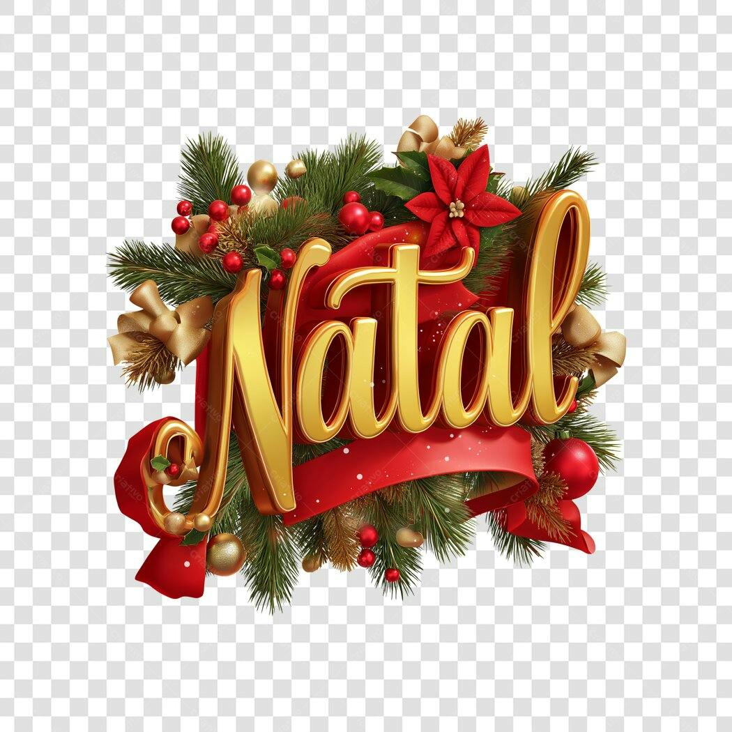 Lettering Natal Dourado e Vermelho com Pinhas e Laços PNG com fundo transparente