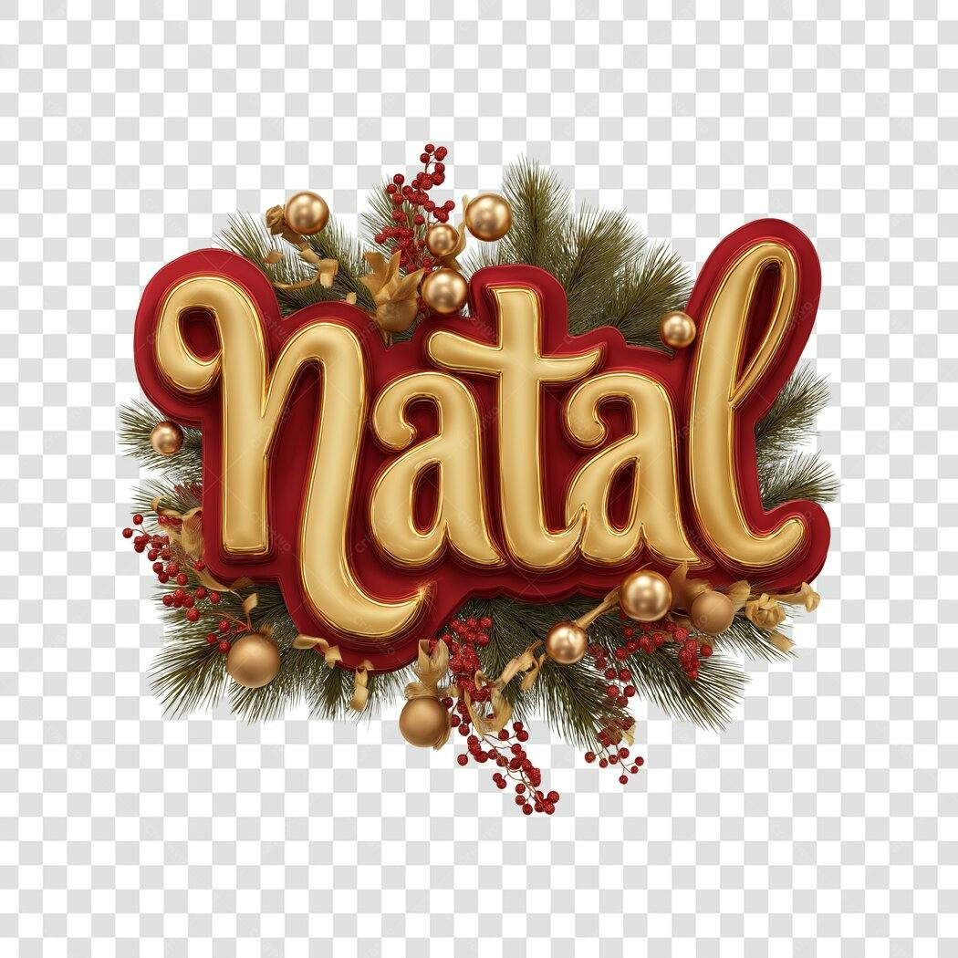 Título Natal Dourado e Vermelho Festivo com Galhos e Bagas PNG com Fundo Transparente