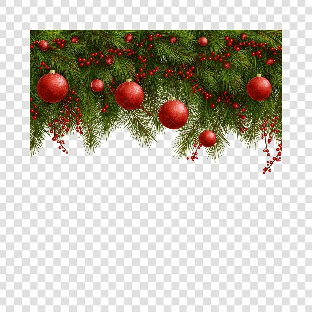 Borda Decorativa Natalina Festiva Pinho Bolas Vermelhas PNG com fundo transparente