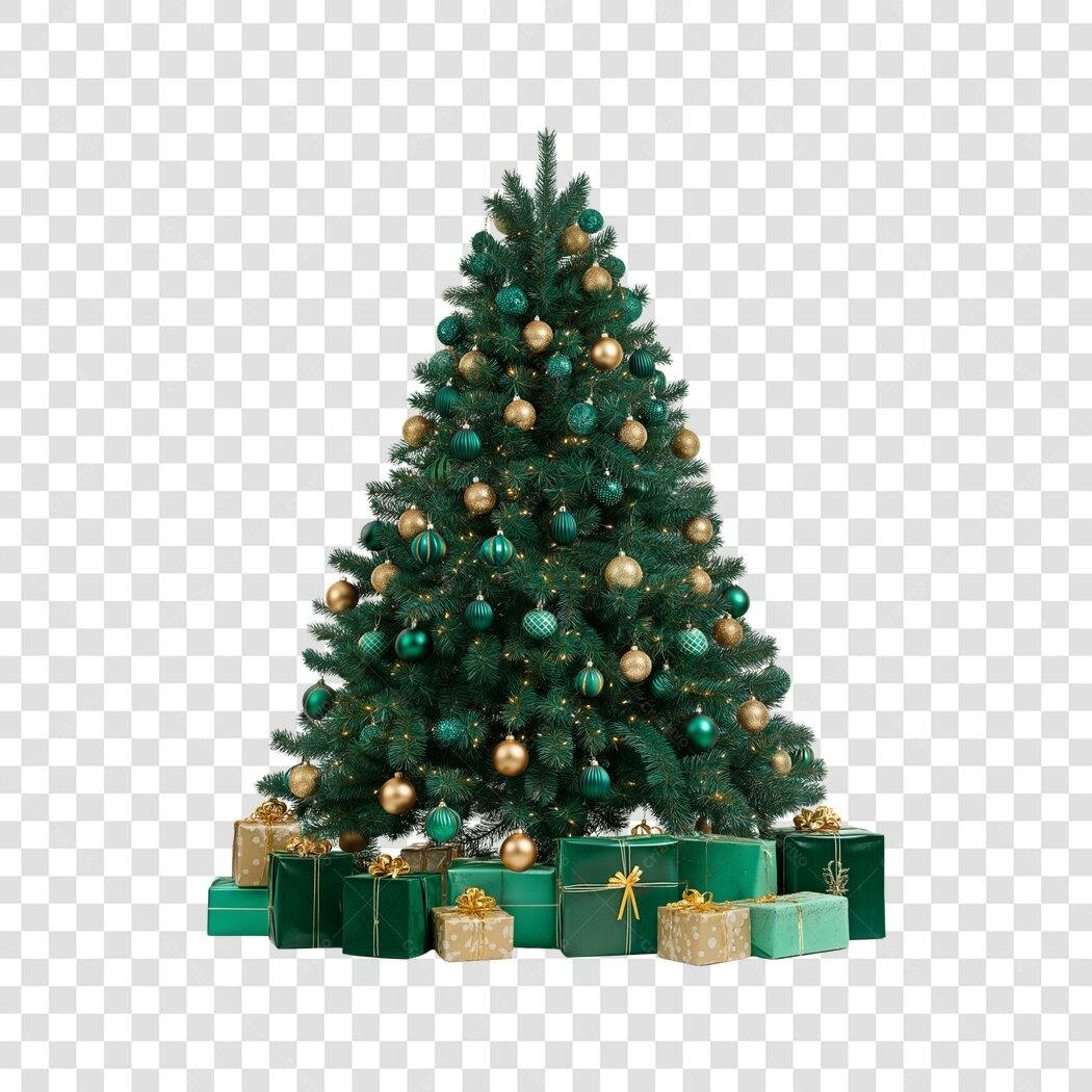 Árvore de Natal decorada verde e dourada com presentes PNG com fundo transparente