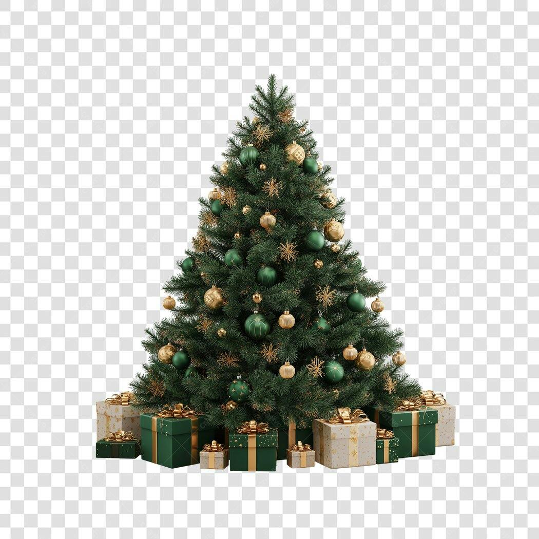 Elemento Gráfico Árvore de Natal com Presentes Verde Dourado PNG com fundo transparente
