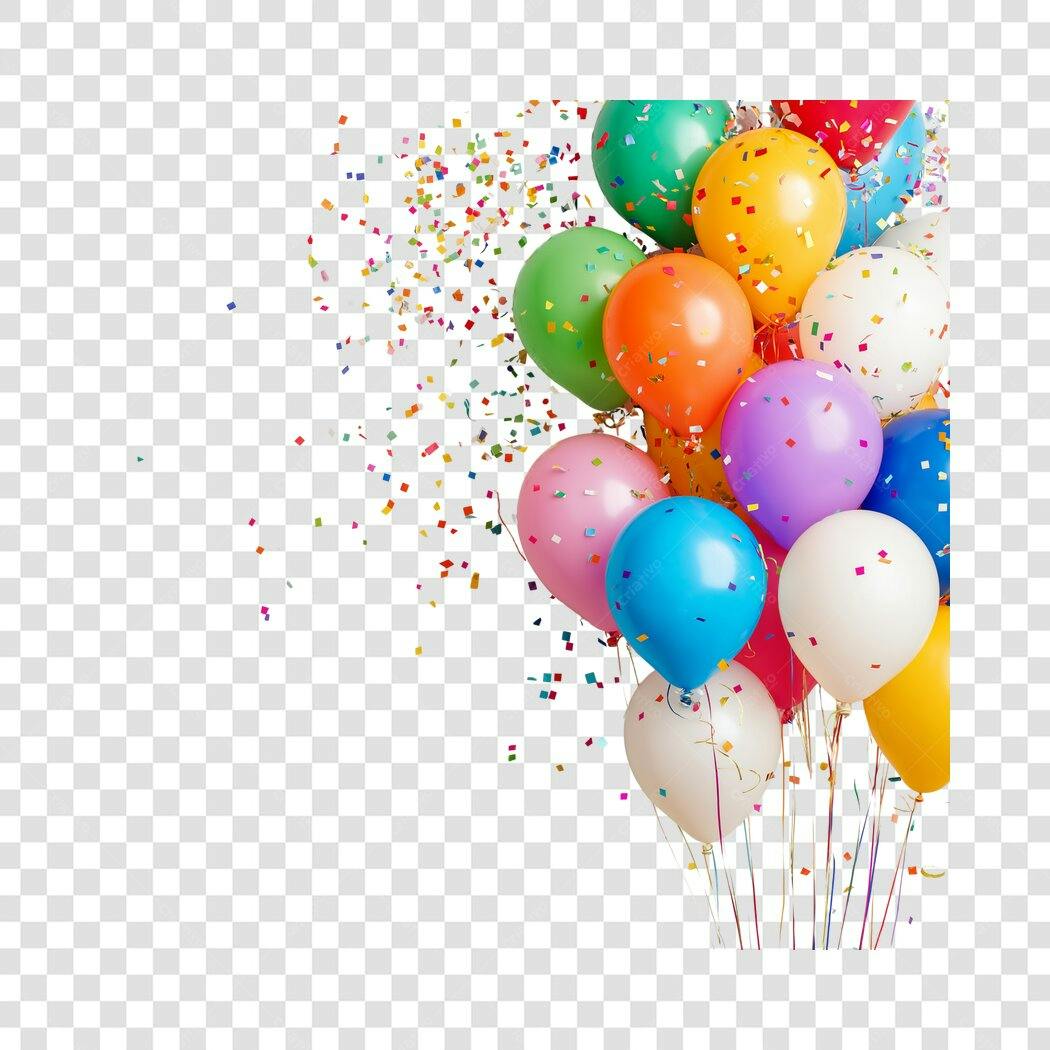 Balões de Festa Coloridos com Confetes para Celebração PNG com fundo transparente
