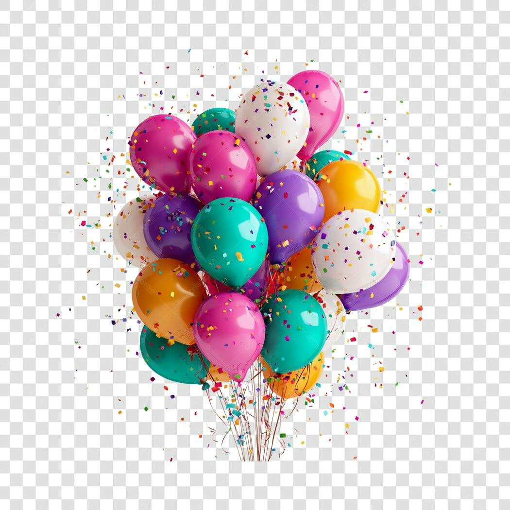 Elemento gráfico balões coloridos com confetes para festa PNG com fundo transparente